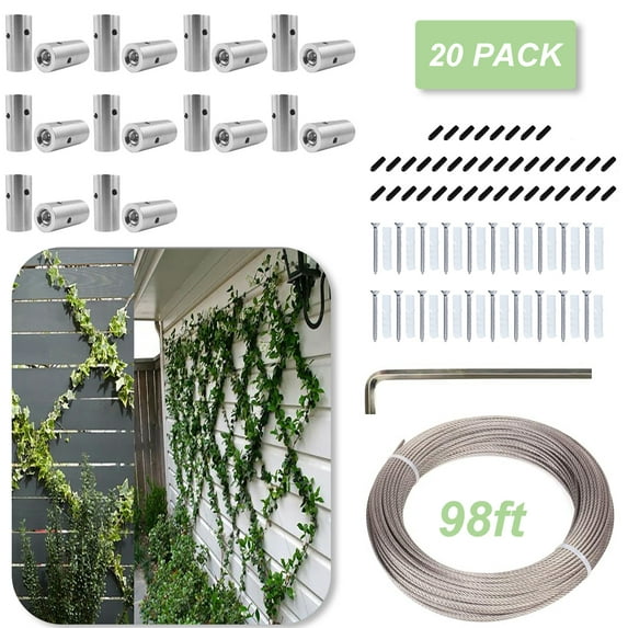 iMeshbean 20 Pack Wall Wire Trellis Kit,316 Stainless Steel Green Wall Trellis Kit for Climbing Plants,Vines and Green Wall with 98 Feet 1/8" Wire Rope Cable and 20 Sets Cross Head