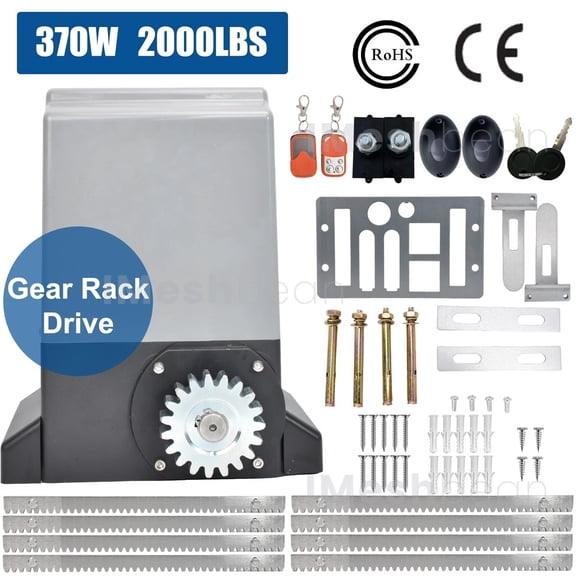 iMeshbean 2000LB 370W Rack Driven Sliding Gate Opener with 2 Remote Controls & 13.12FT Gear Rack