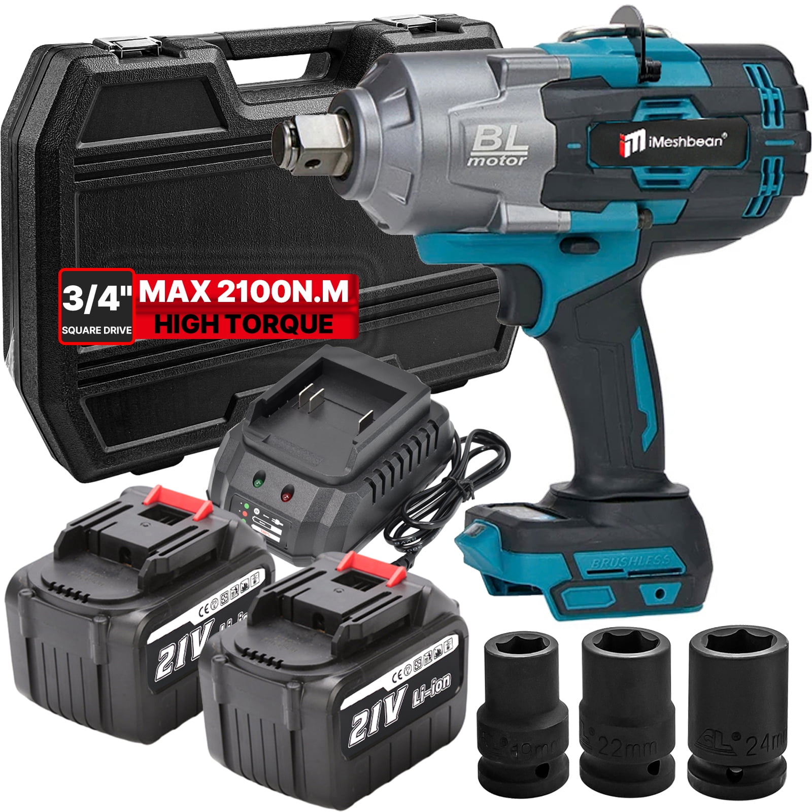 iMeshbean 2100 N.m High Torque Impact Wrench 3/4" Drive W/ 2PCS 21V 8.0A Battery Cordless