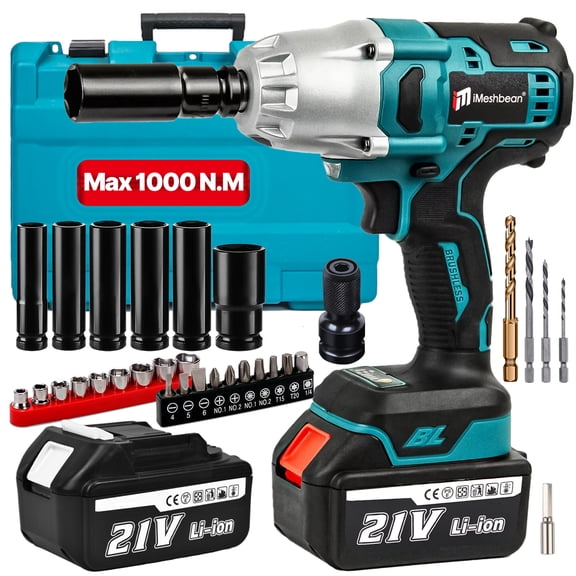 iMeshbean 21V Cordless Electric Impact Wrench Gun 1/2'' High Power Driver 1000N.m w/ 2PCS Battery