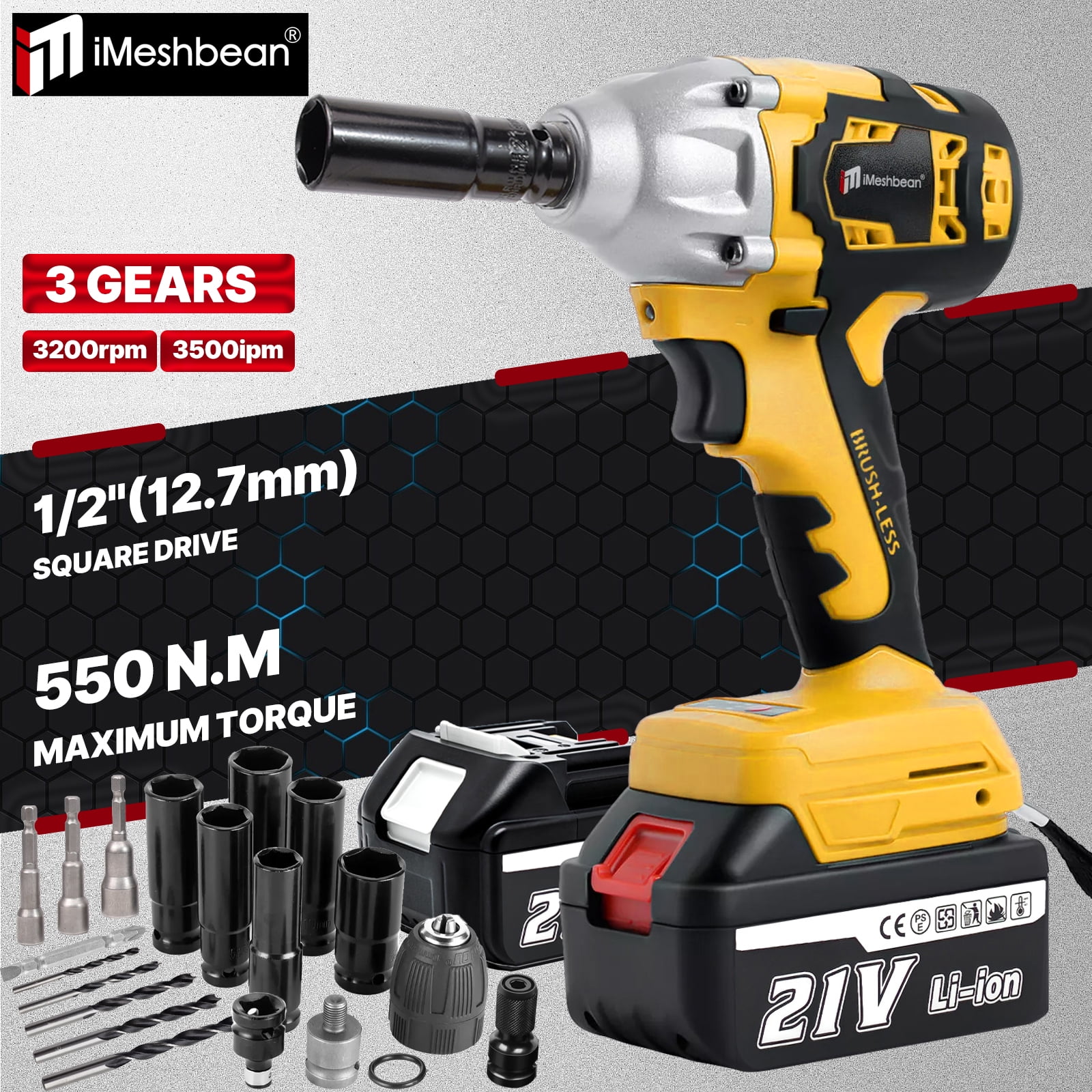 iMeshbean 21V Cordless Impact Wrench 1/2" 600Nm High Torque Brushless Drill with 2 Battery