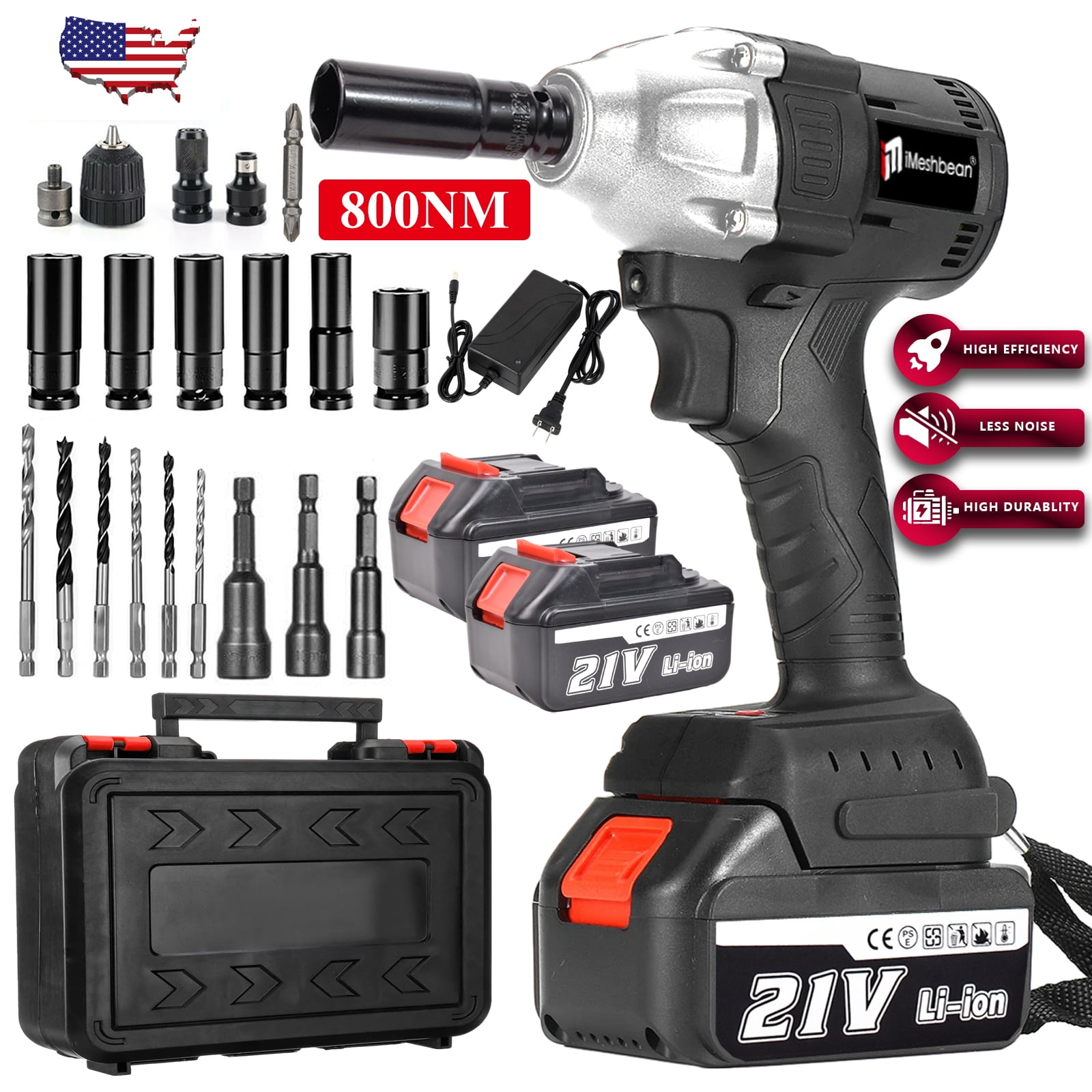 iMeshbean 21V Lithium-Ion Drill 1/2 & 1/4 Inch Quick Chuck Impact Wrench Kit, Brushless Motor Max Torque 800N.M, Cordless Electric Impact Wrench with 2X 4.0Ah Li-ion Battery with Fast Charger