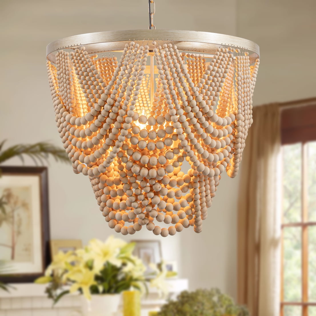 iMeshbean 25.5 inch Boho Chandelier Wood Beaded Chandelier Light Fixture Bohemia Draped Bead Rustic Farmhouse Ceiling Light Fixture for Dinning Room Bedroom Living Room
