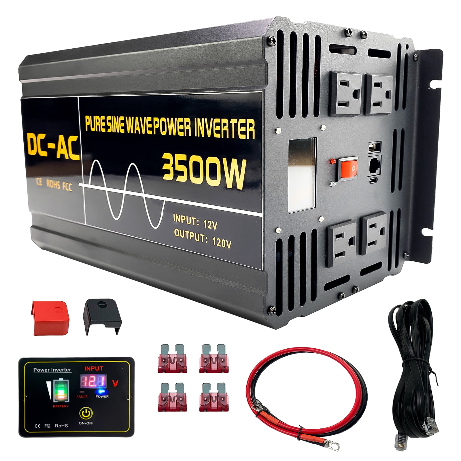 iMeshbean 3500W LCD Car Power Inverter DC 12V to AC 110V 120V Pure Sine Wave Solar Converter 7KW Peak for Car Truck RV
