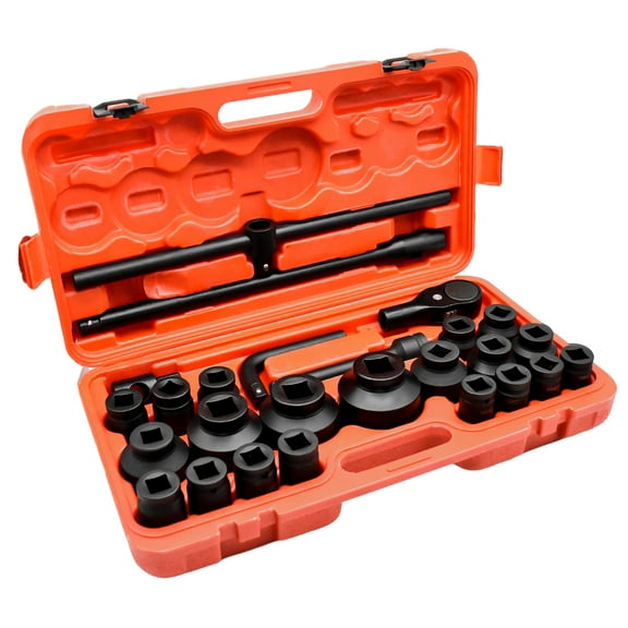 iMeshbean 26pcs 3/4" Deep Impact Socket Set 6-Point Metric 21-65mm CR-MO Steel Heavy Duty Sockets Ratchet Handle Sliding T-head Breaker Bar and Extension Bars Tool Set for Vehicle Repair Maintenance