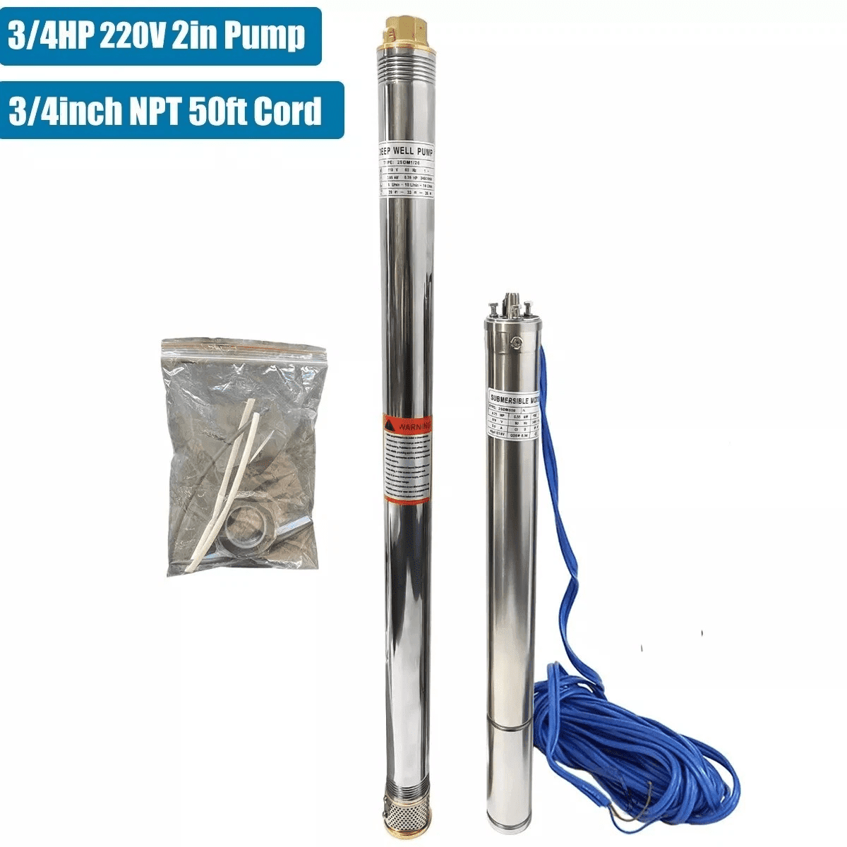 iMeshbean 3/4HP 2"OD Deep Well Submersible Pump, 220V, 360GPH,  6 GPM, 164FT Max, 26 Stage 50FT Cord