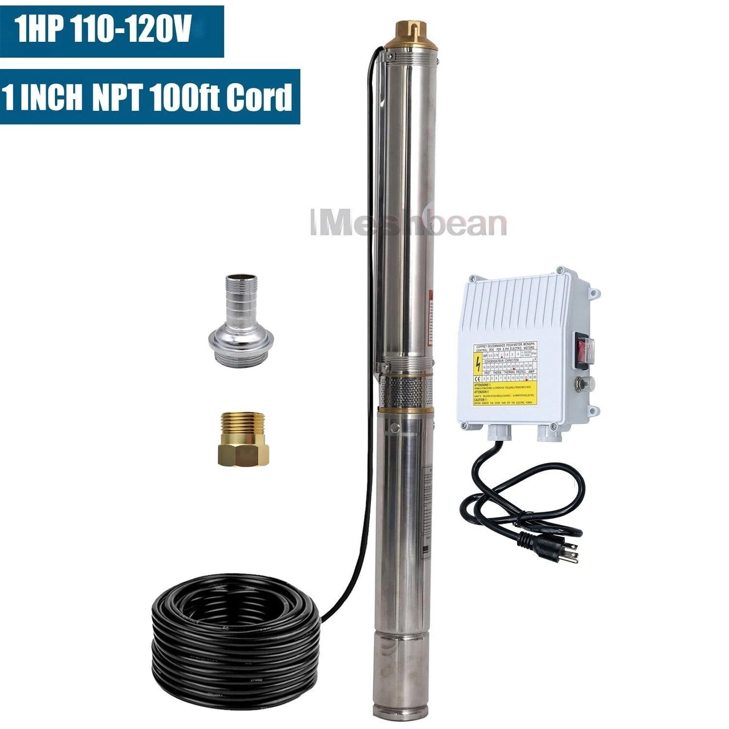 iMeshbean 3" Deep Submersible Well Pump 1 HP Submersible Well Pump 110V 13GPM Water Pump 247ft Head with 100ft Electric Cable Stainless Steel Water Well Pumps Submersible