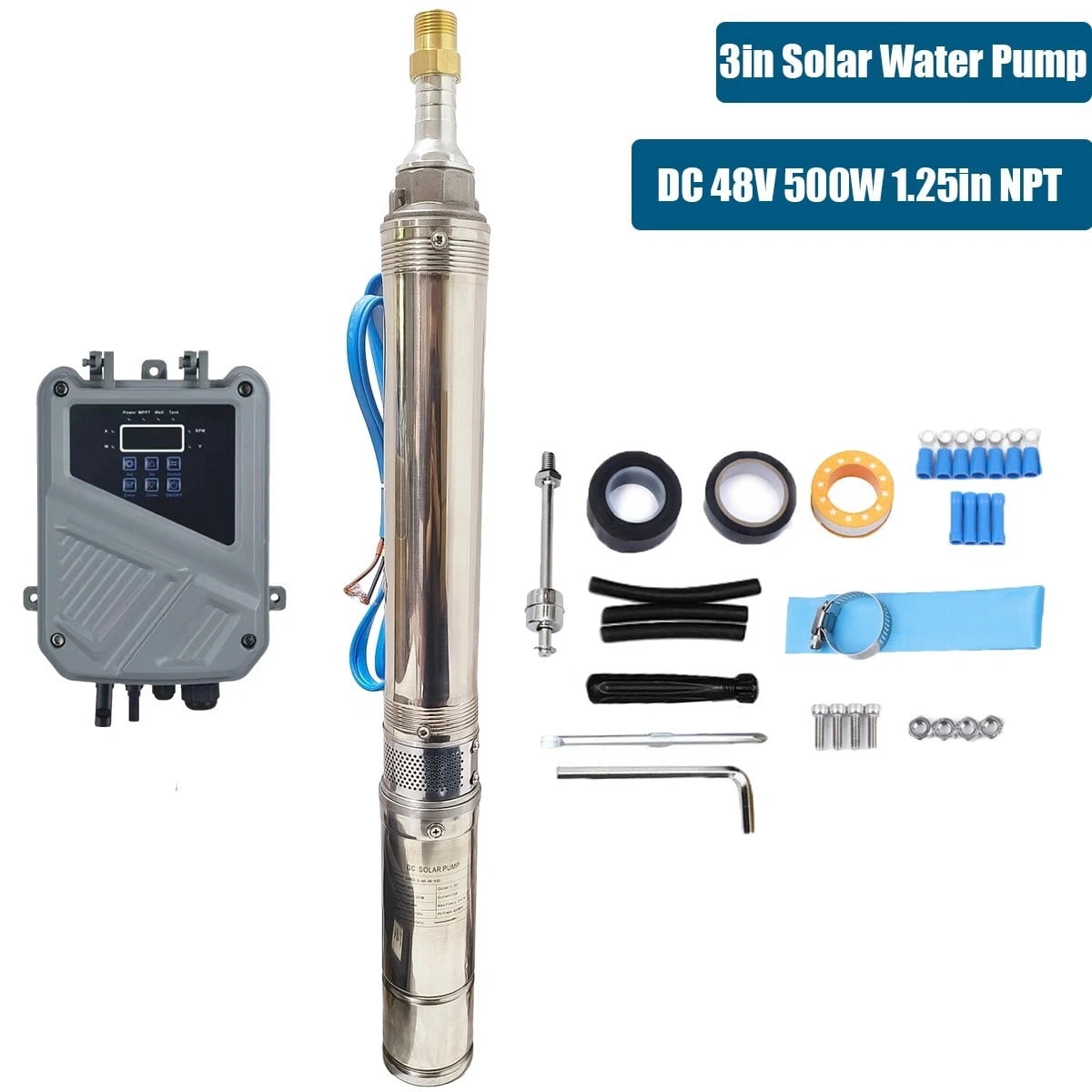 iMeshbean 3" Solar Pump Submersible Pump Bore DC 48V 500W Deep Well Pump + MPPT Controller