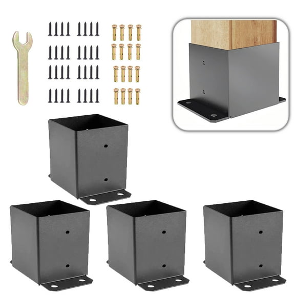 iMeshbean 4 x 4 Post Base 4 PCS, Deck Post Base 3.6 x 3.6 inch, Post Bracket Fence Post Anchor Black Powder-Coated Deck Post Base with Thick Steel for Deck Supports Porch Railing Post Holders