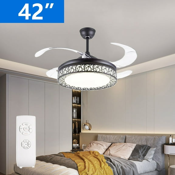 iMeshbean 42" LED Chandelier Invisible Ceiling Fan Light Ceiling Lamp Retractable w/Remote Control, 3 Light Color Changing