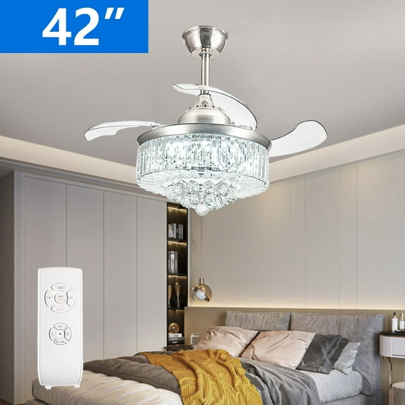 iMeshbean 42" LED Chandelier Invisible Ceiling Fan Light Ceiling Lamp Retractable w/Remote Control, 3 Light Color Changing