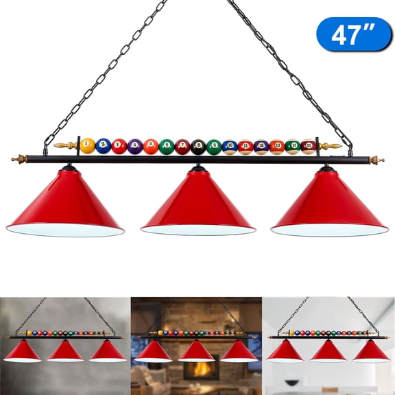 iMeshbean 47" Hanging Pool Table Lights Billiard Pool Table Lighting Fixtures for 7' 8' Table Real Billiard Ball Design Billiard Ceiling Lamp 3 Metal Lamp Shades (Red)