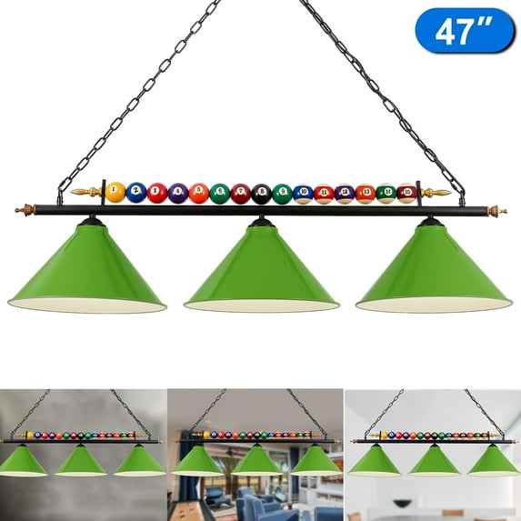 iMeshbean 47" Hanging Pool Table Lights Billiard Pool Table Lighting Fixtures for 7' 8' Table Real Billiard Ball Design Billiard Ceiling Lamp 3 Metal Lamp Shades (Green)
