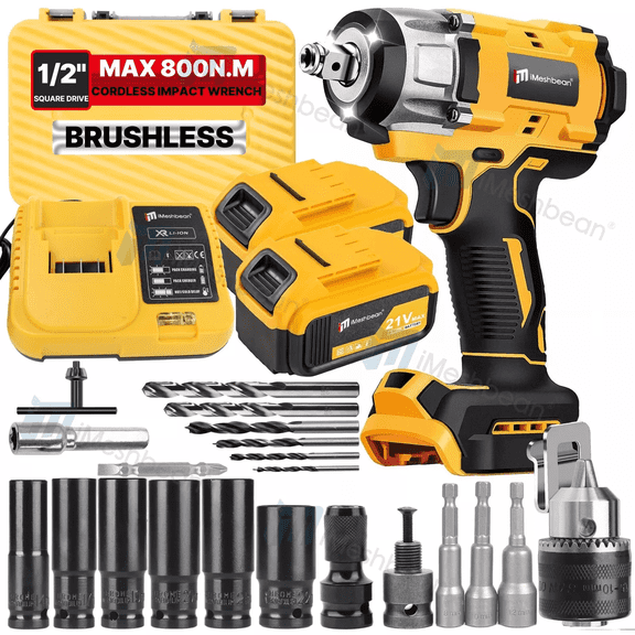 iMeshbean 800Nm Electric Impact Wrench 1/2'' Brushless High Power Drill Driver + 2 Battery