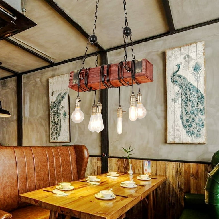 iMeshbean 6 Light Rustic Chandelier Farmhouse Wood Beam Hanging Industrial Pendant Lighting Vintage Ceiling Light Fixture 6 Heads for Dining Table