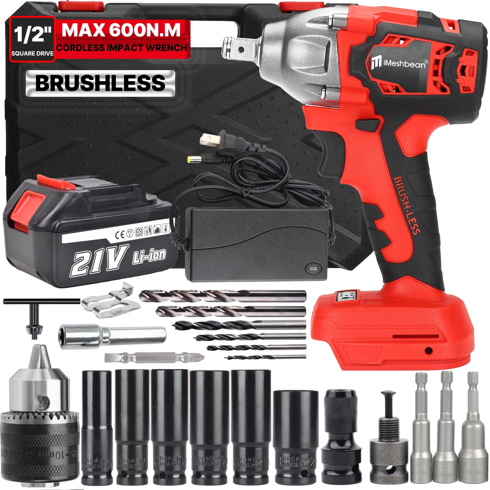 iMeshbean 600 N.m Cordless Electric Impact Wrench 1/2'' High Power Screwdriver Li-ion Battery