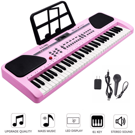 iMeshbean 61 Key Music Electronic Piano Keyboard for Beginners with Built-in Dual Speakers, Microphone & LCD Display, Pink