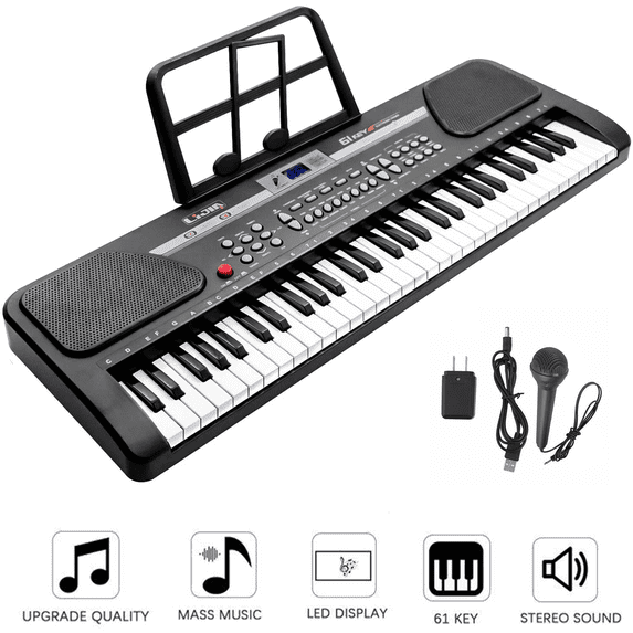iMeshbean 61 Key Music Electronic Piano Keyboard for Beginners with Built-in Dual Speakers, Microphone & LCD Display, Black