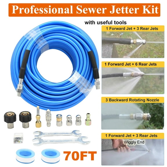 iMeshbean 70FT 1/4" Hose Sewer Line and Drain Jetter Kit w/ Sewer Nozzle&Adapters