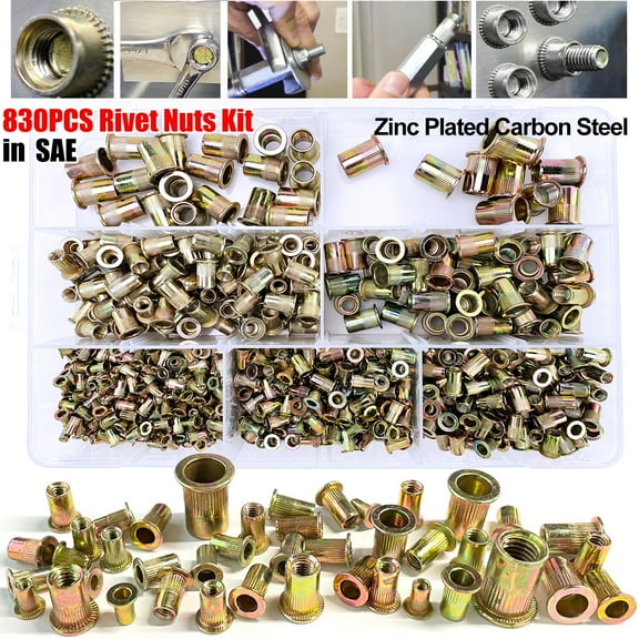 iMeshbean 830PCS Zinc Steel Rivet Nut Rivnut Insert Nutsert Assort Kit SAE Threaded Rivets