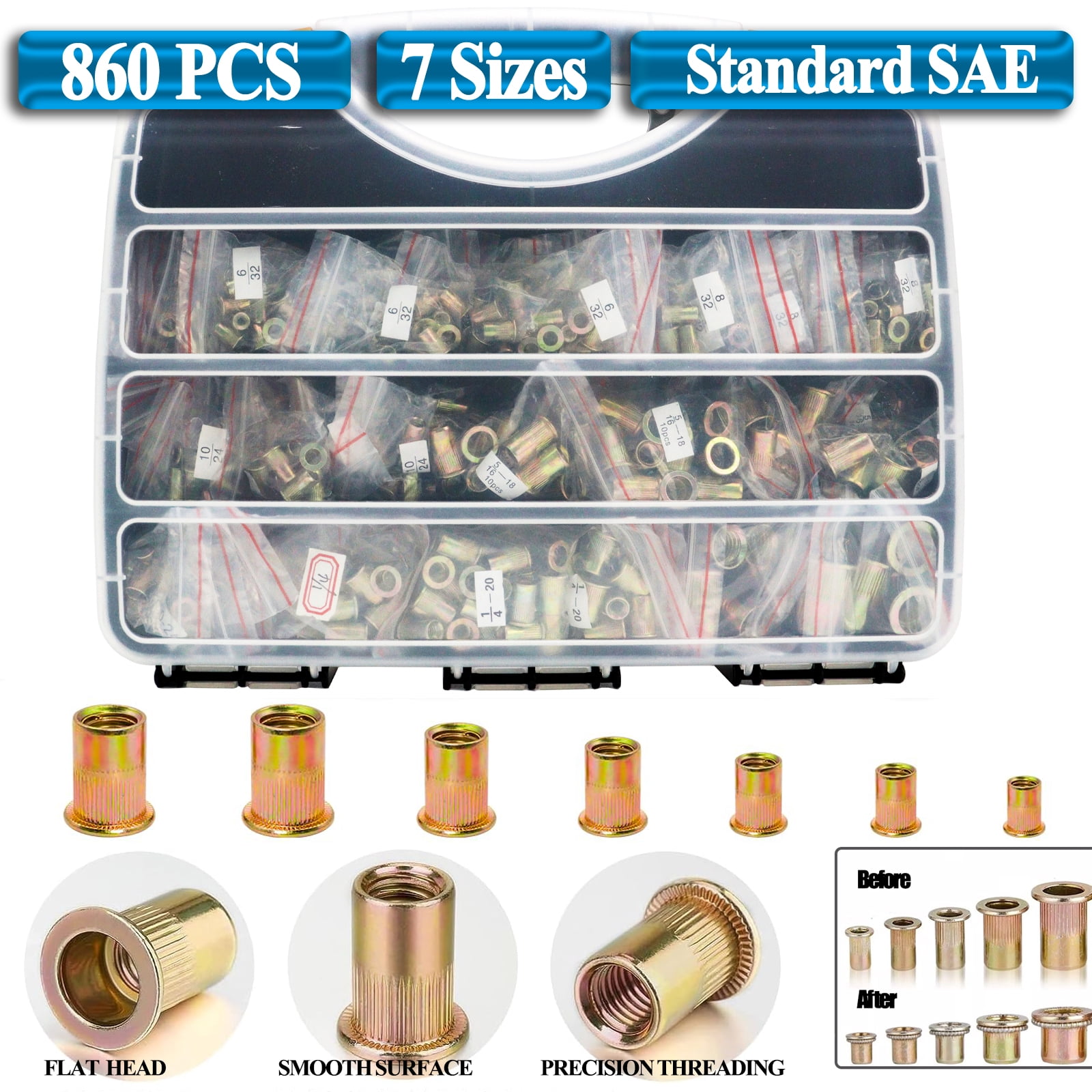 iMeshbean 860Pcs Rivet Nuts- SAE UNC Assortment Carbon Steel Flat Head Zinc Plated Nutsert