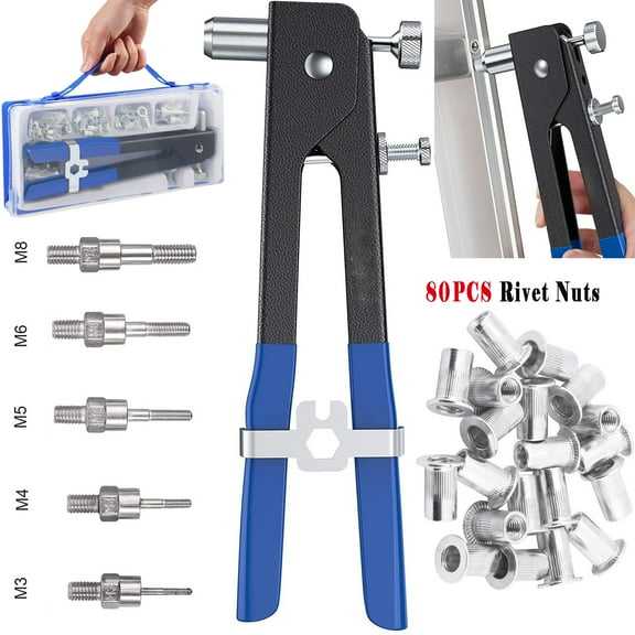 iMeshbean 86Pcs Hand Rivet Nut Tool Threaded Nut Riveter Gun Wrench Blind Rivnut Nutsert Kit w/ 5Pcs Nut Rivet Mandrels and 80Pcs Rivnuts for Sheet Metal Automotive and Duct Work