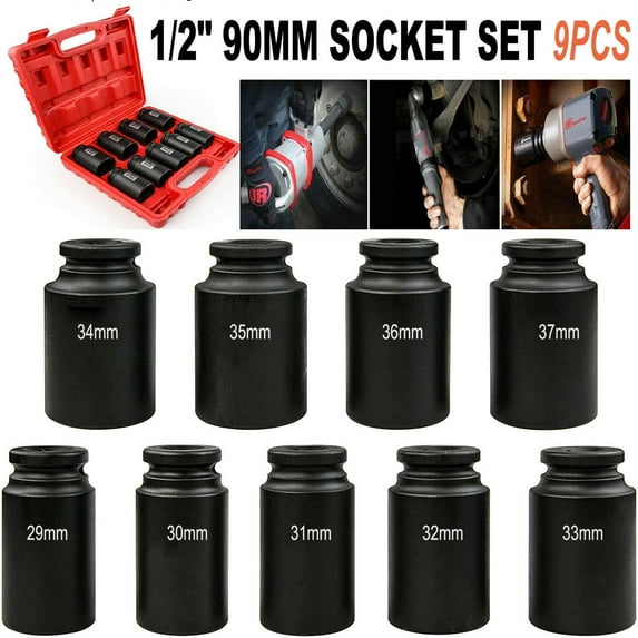 iMeshbean 9pcs Deep Impact Socket Set 1/2" Drive Metric 29-38mm Portable Socket Set with Storage Case