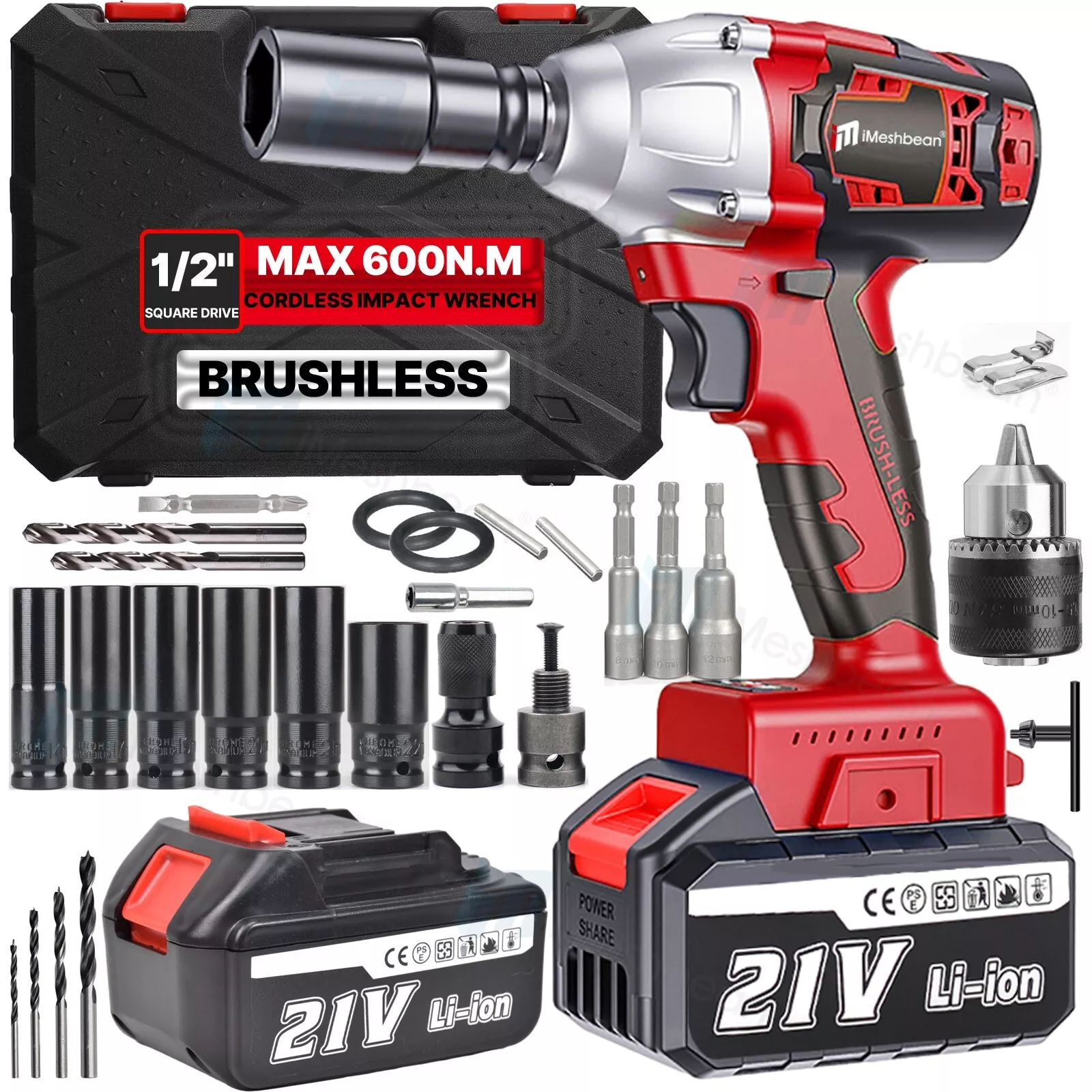 iMeshbean 21V Cordless Impact Wrench 1/2" 600Nm High Torque Brushless Driller w/ 2PCS Battery
