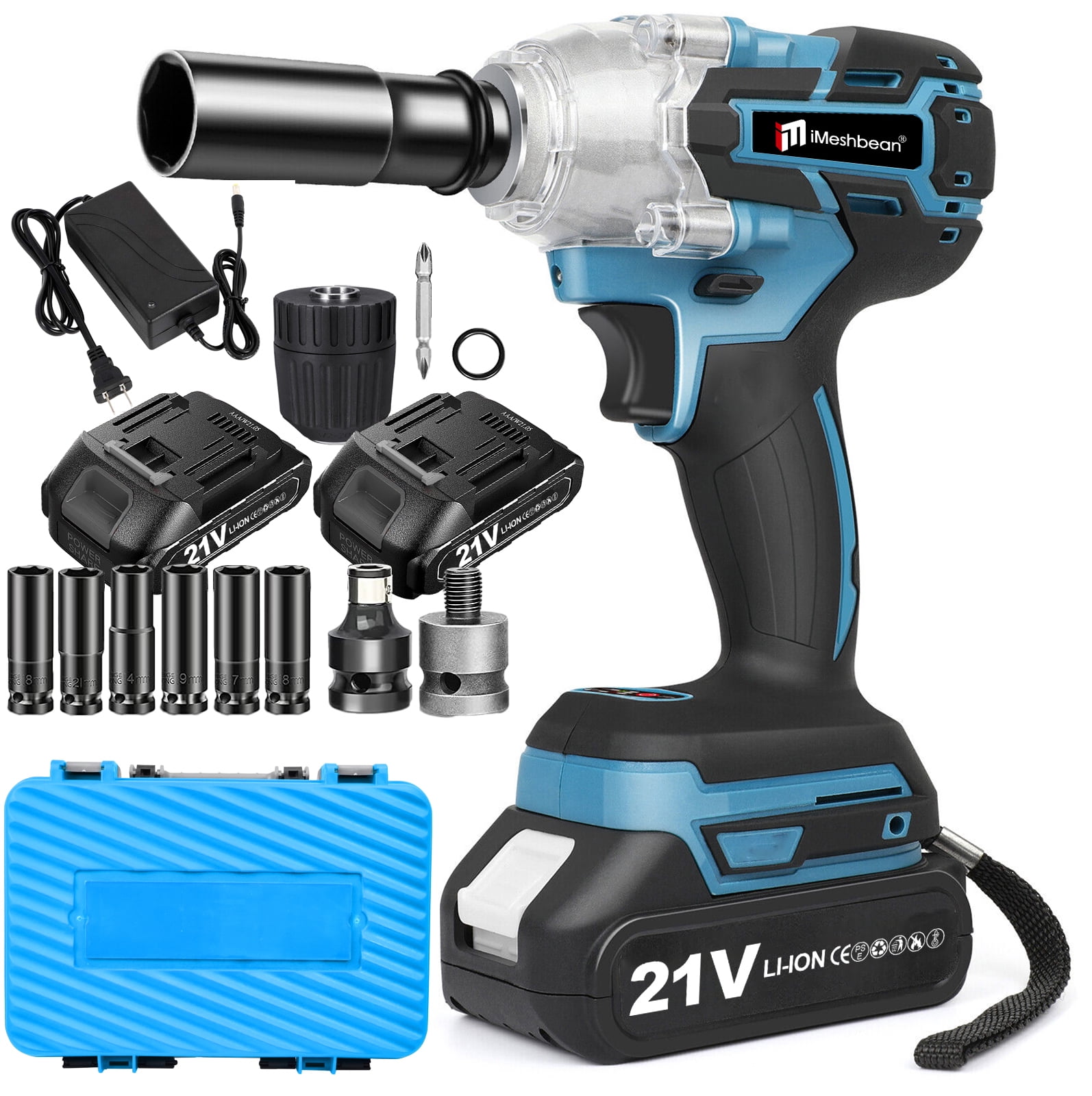 iMeshbean Cordless Impact Wrench 21V 1/2" Electric Impact Gun Kit, Screwdriver High Torque Repair And Installation Tools with 2 PACK 3.0Ah Battery & Fast Charger, 6pcs Sockets