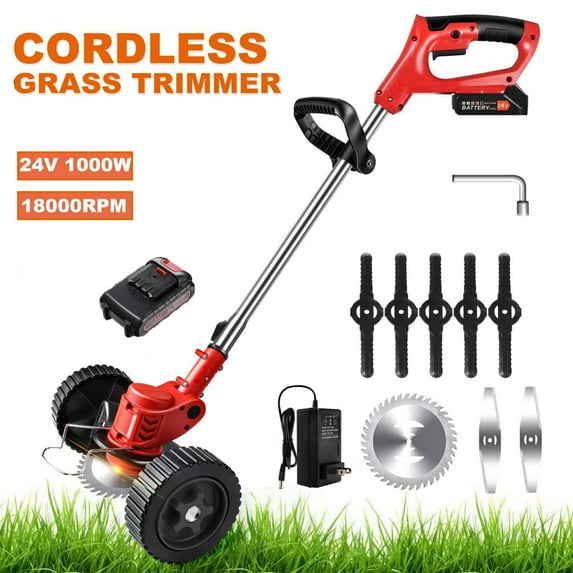 iMeshbean Cordless Grass String Trimmer Battery Powered, 24V with Wheels & 1 Pack 6.0Ah Li-Ion Batteries Lawn Edger Brush Cutter Adjustable Height Electric Weed Eater