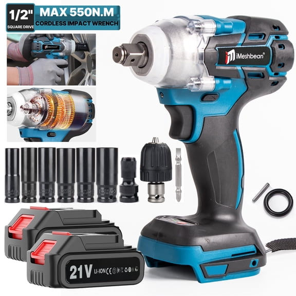 iMeshbean Cordless Impact Wrench 21V 1/2" Electric Impact Gun Kit, Screwdriver High Torque Repair And Installation Tools with 2 PACK 3.0Ah Battery & Fast Charger, 6pcs Sockets