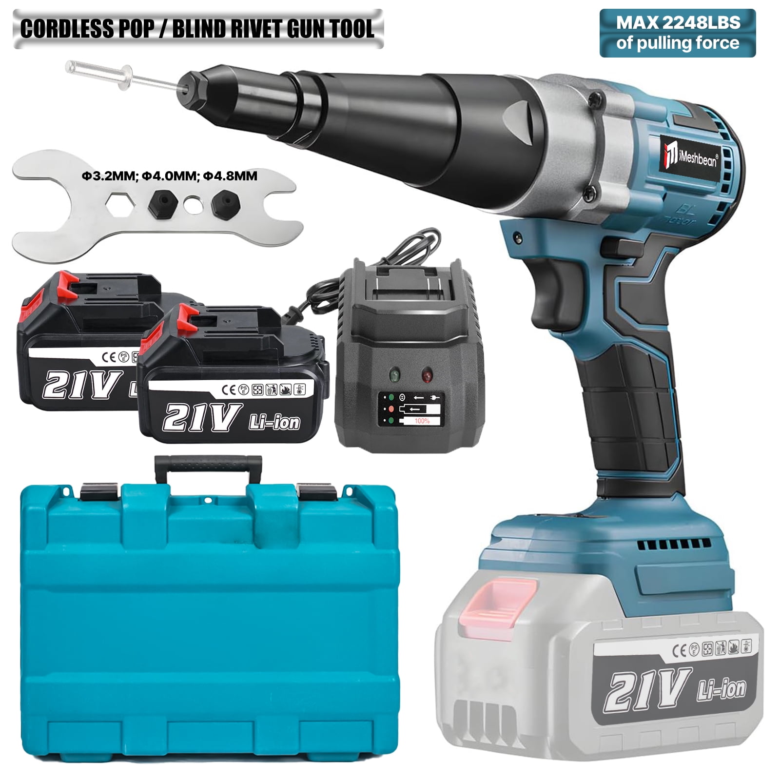 iMeshbean Cordless Rivet Gun Tool, 21V Electric Automatic Brushless Blind Riveter Professional Kit with 2 x3.0Ah Battery & Charger for Stainless Steel, Steel, Aluminum Rivets
