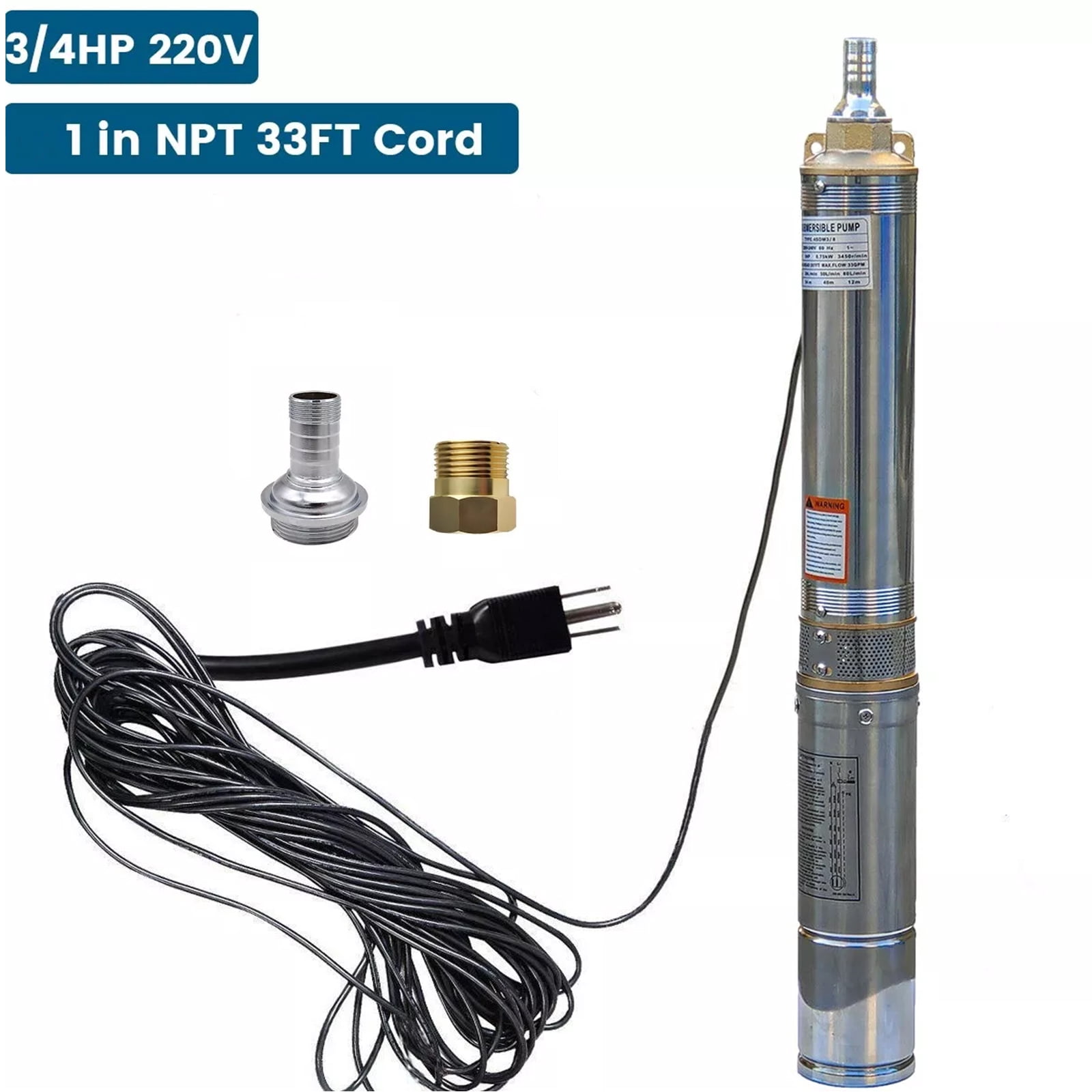 iMeshbean Deep 3" OD 3/4 HP Submersible Well Pump 220V 13GPM  Stainless Steel  Water Pump 247ft Head with 33ft Cable 1" NPT for Irrigation