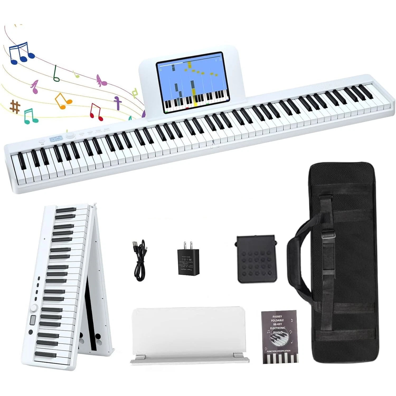 iMeshbean 88 Key Electric Piano Keyboard Foldable Semi Weighted Full Size Key w/Pedal & Bag, White