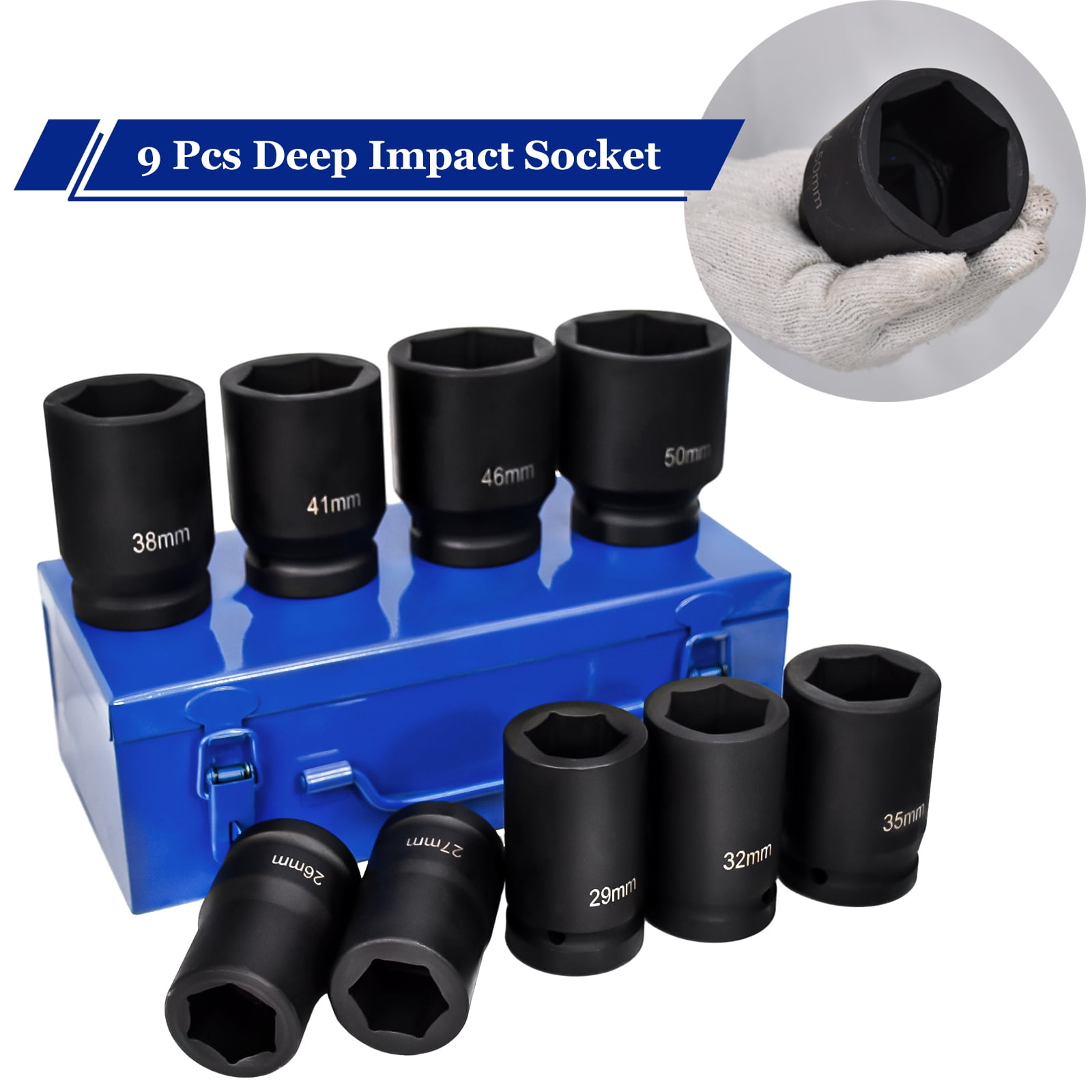iMeshbean Impact Socket Set 9-Piece 1"Deep Drive Impact Socket Set for Automotive and DIY Projects, Includes 26/27mm, 29/32/35/38/41/46/50mm Jumbo