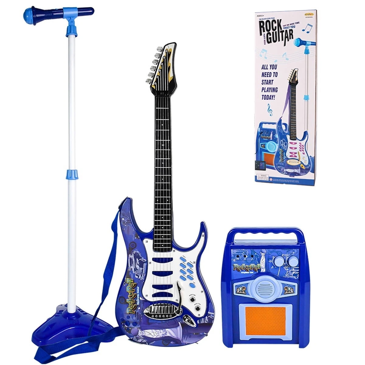 iMeshbean Kids Electric Guitar Beginner Musical Guitar Play Set w/ 6 Demo Songs, Amplifier, Microphone, Whammy Bar, AUX- Blue