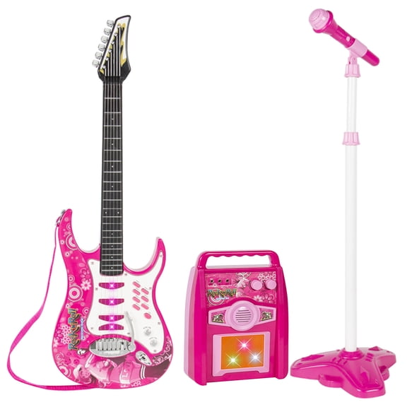 iMeshbean Kids Electric Guitar Set MP3 Player Learning Toys Microphone, Pink