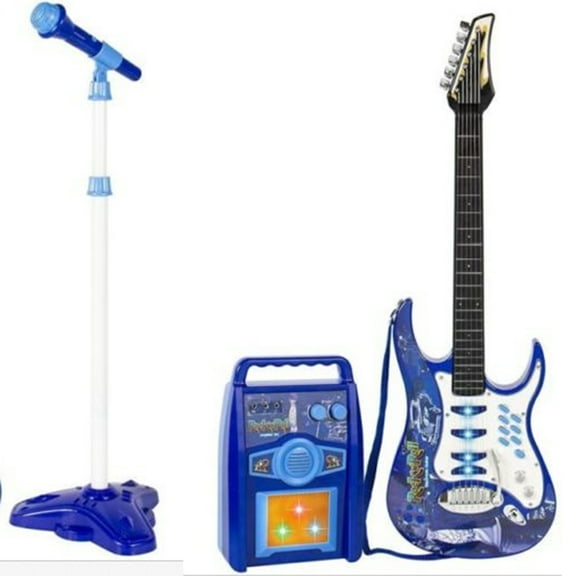 iMeshbean Kids Electric Musical Guitar Toy Play Set w/ 6 Demo Songs, Whammy Bar, Microphone, Amp, AUX - Blue