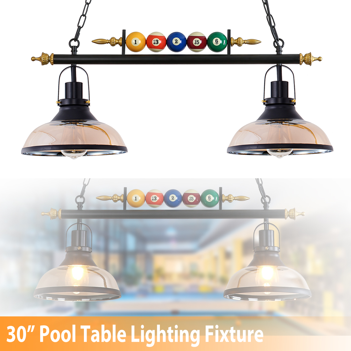 iMeshbean Pool Table Lighting Fixtures Ceiling Lamp for Game Room Beer Party , Real Billiard Ball Design Billiard Pendant Lamp with 2 Glass Shades - image 1 of 10