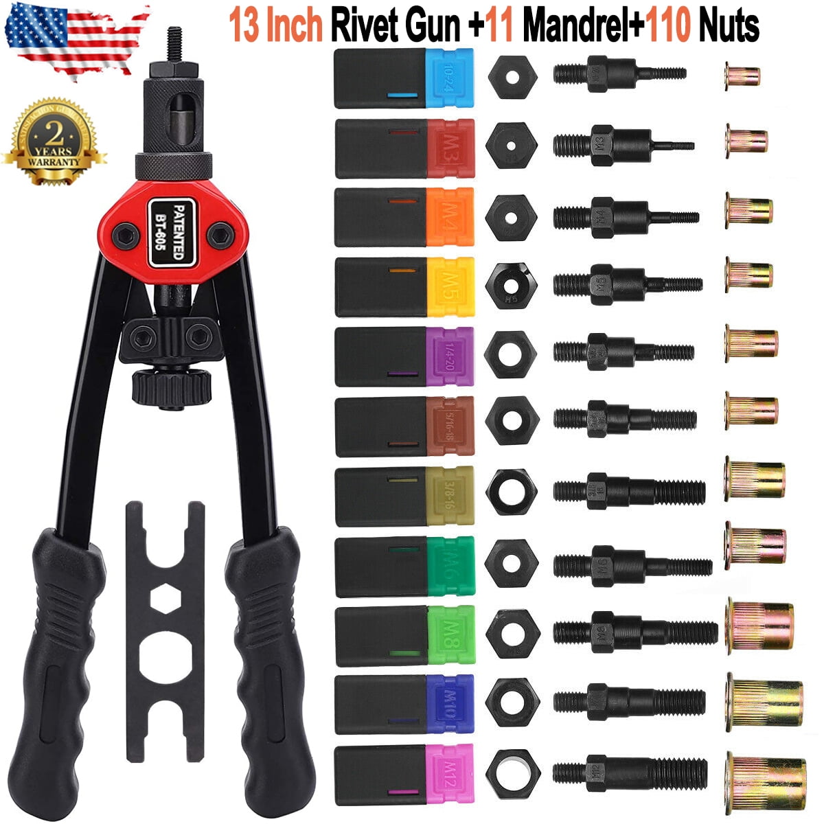 iMeshbean Rivet Nut Tool, 13" Hand Rivet Nut Tool with 11PCS Mandrel Metric M3 M4 M5 M6 M8 M10 M12; SAE 10-24, 1/4-20, 5/16-18, 3/8-16, Ergonomically Design, Rivet Nut Setter Kit