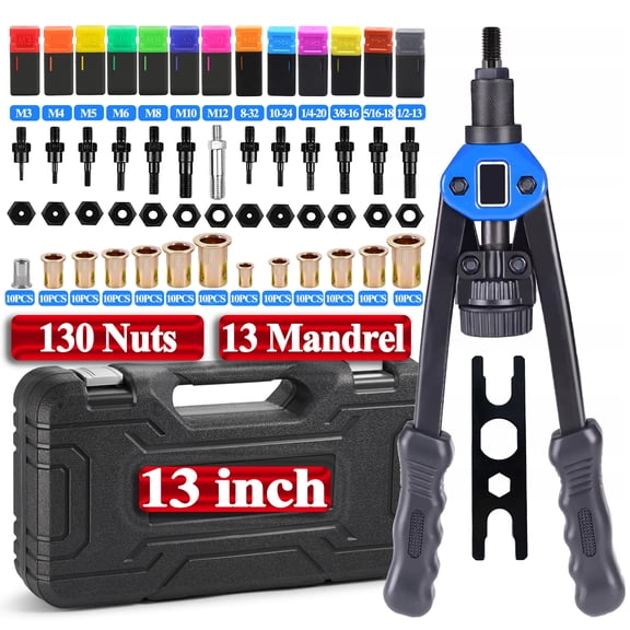 iMeshbean 13'' Rivet Gun Kit Rivnut Thread Setting Tool Nut Setter NutSert Metric 130PCS Hand Blind Riveter