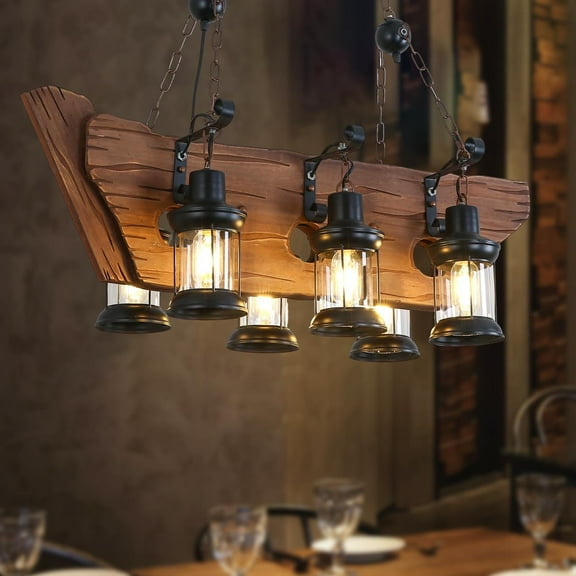 iMeshbean Rustic Chandelier, Farmhouse Rustic Light Fixtures for Dining Room Kitchen Island, Industrial Wooden Hanging Lights Ceiling Light Fixture for Room Bar Coffee Pool Table,6 Heads