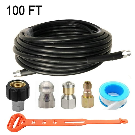 iMeshbean Sewer Line and Drain Jetter Kit, 1/4" x 100' Hose with Sewer Nozzle & Adapters
