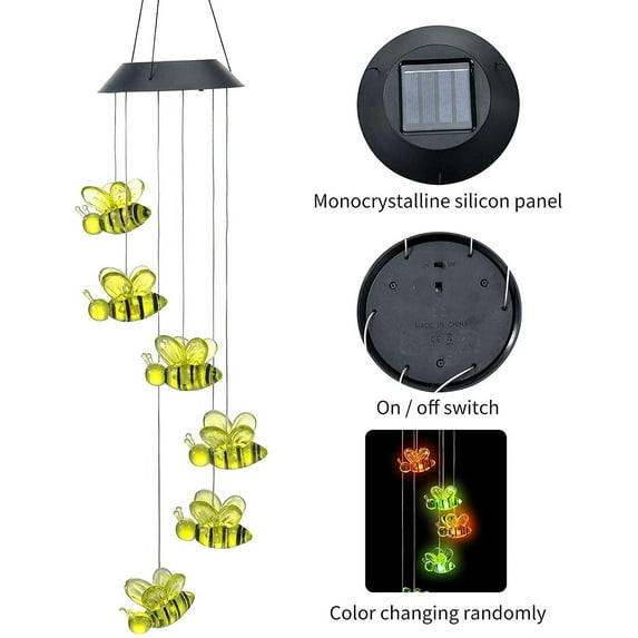 iMeshbean Solar Cute Bee Wind Chimes Color-changing For Garden, Home, Yard Decorations, Outdoor Light