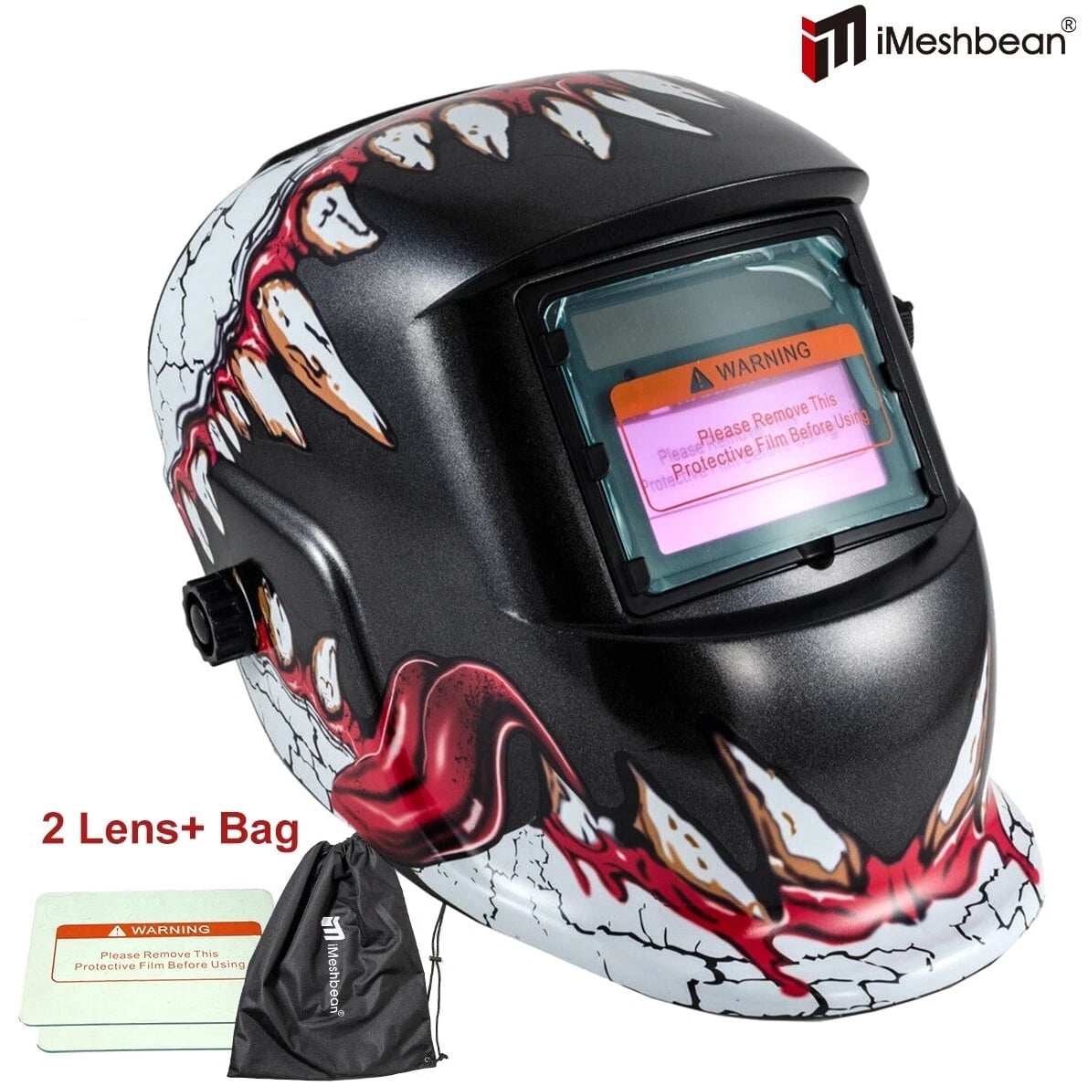iMeshbean Auto Darkening Welding Helmet Solar Powered Hood Mask Grinding with Extra Lens ANSI Approved Blood Mouth Design Color