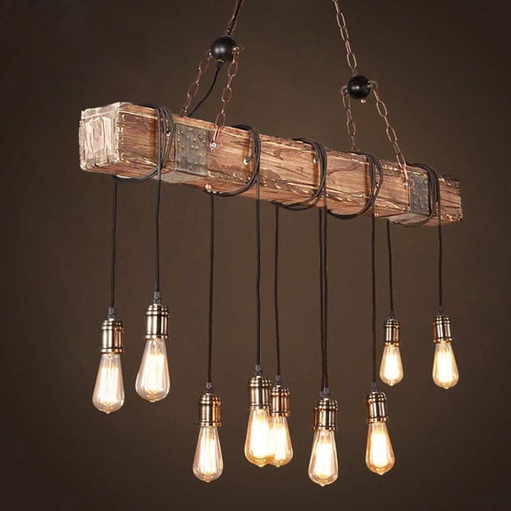 iMeshbean Wood Chandelier 10 Lights Wooden Retro Rustic Pendant Light Industrial Chandelier Wood Ceiling Light Fixture for Dining Table Kitchen Island Bar Billiard Pool Table (10 Heads)