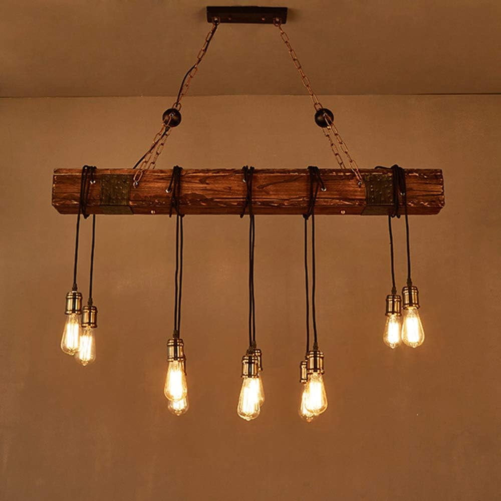 iMeshbean Wood Chandelier 10 Lights Wooden Retro Rustic Pendant Light Industrial Chandelier Wood Ceiling Light Fixture for Dining Table Kitchen Island Bar Billiard Pool Table (10 Heads)