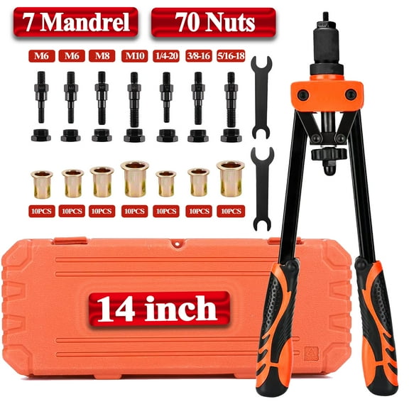 iMeshbean Rivet Nut Tool Kit, 14" Hand Rivet Tool Kits with 70Pcs Rivet Nuts & 7PCS Mandrels (Metric 2XM6, M8, M10; SAE 1/4-20, 3/8-16, 5/16-18), 80Pcs Rivet Nut Assortment Kit with Carrying Case