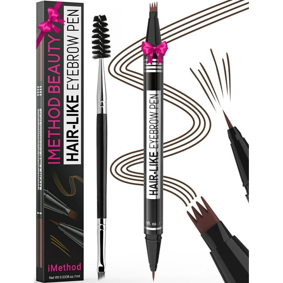 iMethod 2-in-1 Eyebrow Pen, 4-Fork-Tip & Precise Brush-Tip for Natural Hair-Like Brows, Long-Lasting with Eyebrow Spoolie Brush, Brown