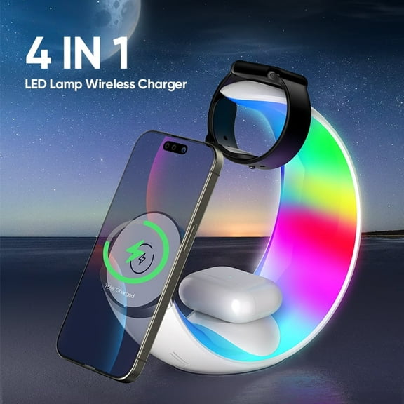 iMoon 4 in 1 multifunctional wireless charger with led ambient nightlight for Apple iPhone 16/16 Pro Max/16 Pro/16 Plus/15/14/13/12/11/10/9/8/SE,Apple Watch,Airpods/Airpod Pro,Charger Station